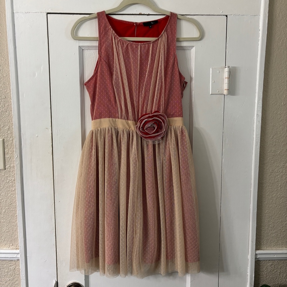 Ryu: Red Lining With Lace Overlay Dress